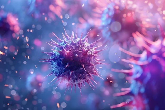Kunstzinnige afbeelding van een virus dat lijkt op een paarse bloem in een cel