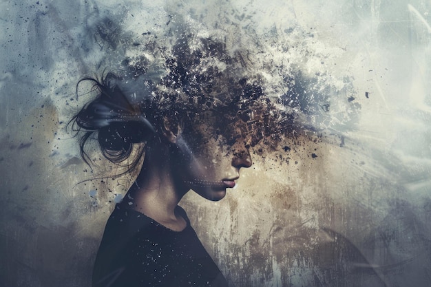 Kunstzinnige afbeelding van een vrouw met haar hoofd oplosbaar in deeltjes die de uitdagingen van geestelijke ziekte symboliseren