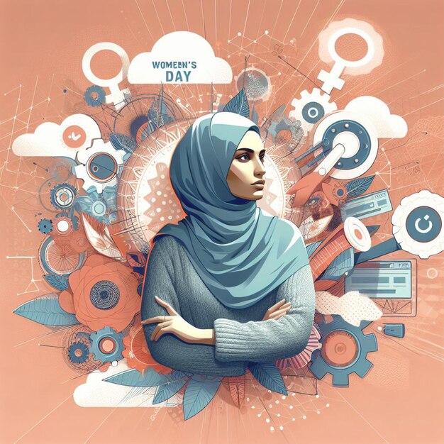 Kunstzinnige afbeelding van Vrouwendag waar een vrouw in een hijab wordt afgebeeld als een leider of influencer