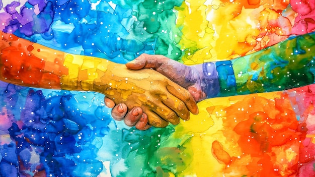 Kunstzinnige aquarel afbeelding van een handdruk tegen een levendige regenboog achtergrond
