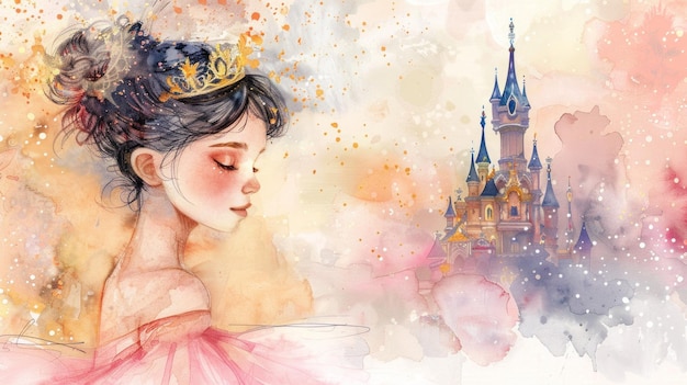 Foto kunstzinnige aquarel afbeelding van een jong schattig prinsesje versierd met een gouden kroon op een pastelkleurige achtergrond