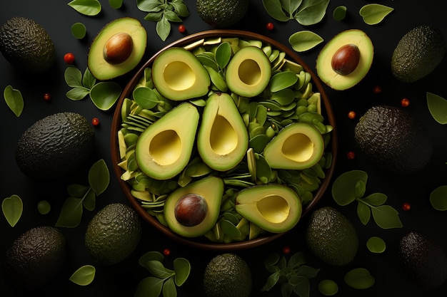 Kunstzinnige avocado-arrangement op donkere achtergrond