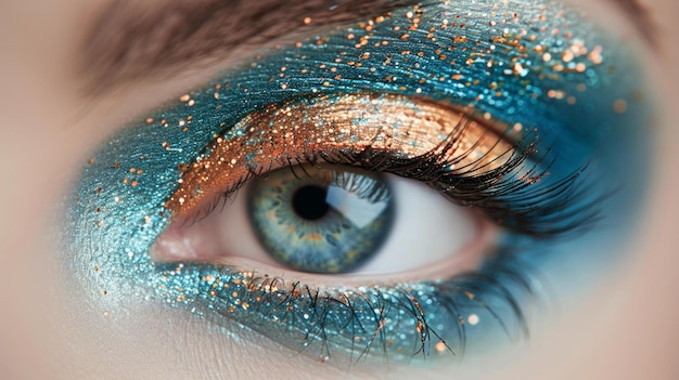 Kunstzinnige close-up modellen oog kleurrijke make-up ingewikkeld ontwerp hoge resolutie dramatische en levendige AI Generatieve