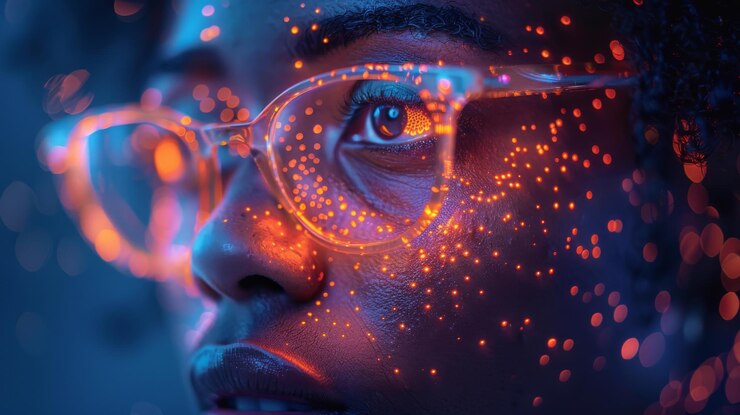 Foto kunstzinnige close-up van de ogen van een man die de lichten van de stad reflecteren