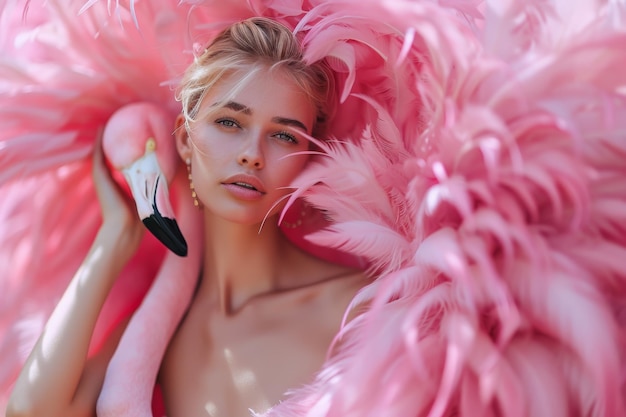 Kunstzinnige foto van een jong mooi meisje met een roze flamingo