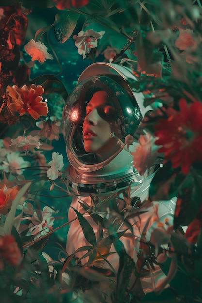 Kunstzinnige foto van een vrouwelijke astronaut tussen een aantal vreemde buitenaardse bloemen ruimte-thema posterontwerp