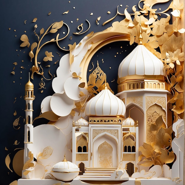 Kunstzinnige illustratie vertegenwoordigt Ramadhan met witte en gouden vibes