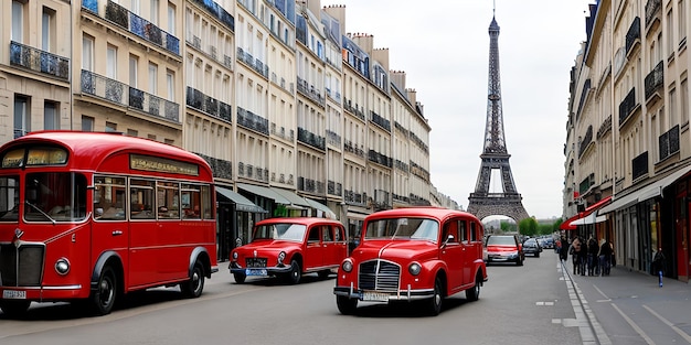 Kunstzinnige Parijs Frankrijk Eiffeltoren gezien van de straat met rode retro limousine auto