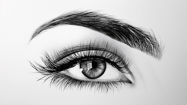Kunstzinnige potloodtekening van een menselijk oog met gedetailleerde wimpers en wenkbrauwen op wit papier