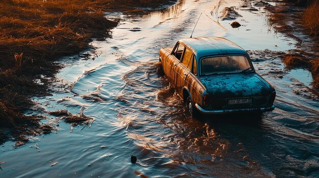 Foto kunstzinnige reflecties van ondergedompelde auto's in water