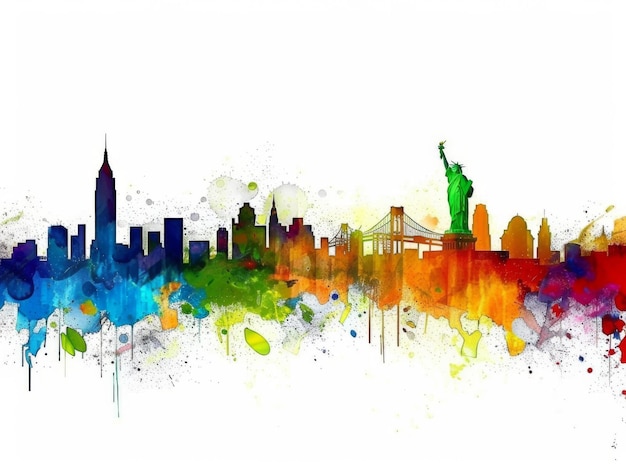 Kunstzinnige splash van kleuren die de iconische skyline van New York met bezienswaardigheden weergeven