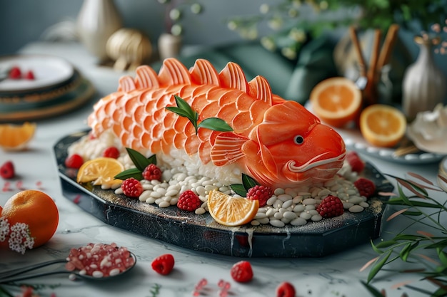 Kunstzinnige sushi-presentatie met een zalmvormige sashimi-plaat met citrusvruchten en bessen