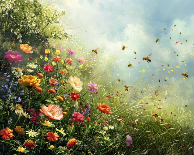 Kunstzinnige weergave van een serene maar bruisende bloembed bijen zweven en landen de essentie van de lente gevangen