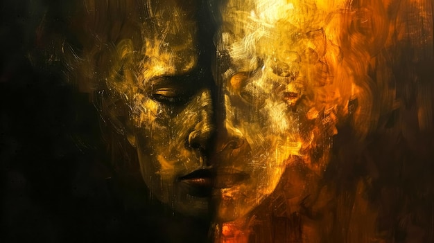 Kunstzinnige weergave van twee gezichten samengevoegd met gouden tinten en texturen