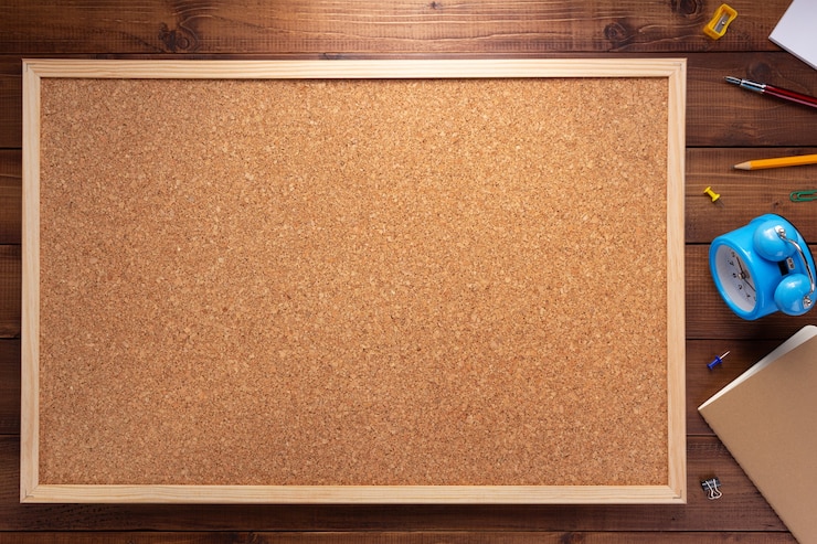 Foto kurkbord en kantoorbenodigdheden op houten tafel achtergrondtextuur