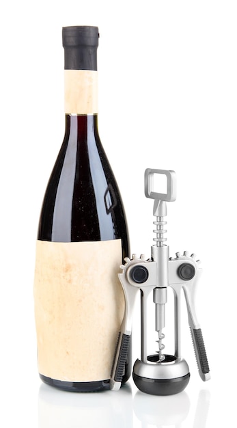 Foto kurkentrekker en fles wijn geïsoleerd op wit