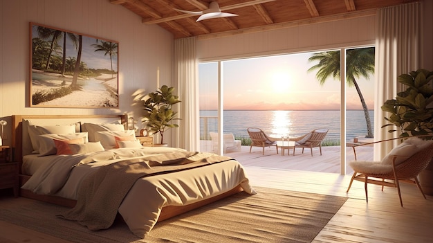 Kust interieur slaapkamer moderne woonkamer ontwerp illustratie foto AI gegenereerde kunst