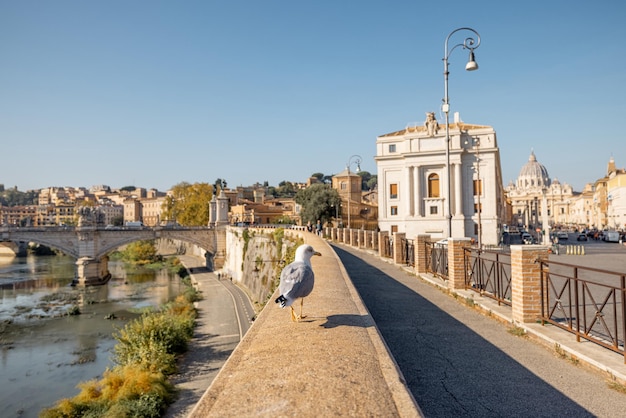 Kust van de rivier de tiber in de buurt van kasteel en vaticaan in rome