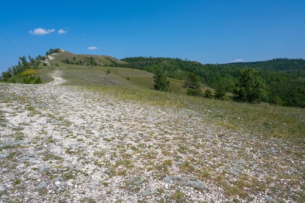 Kust van de rivier de Wolga in de buurt van de stad Zhigulevsk. Zhiguli-gebergte. Samarskaja Luka.