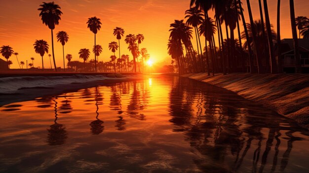 Kust zonsondergang met warme gouden tinten en silhouetten van palmbomen gegenereerd door AI