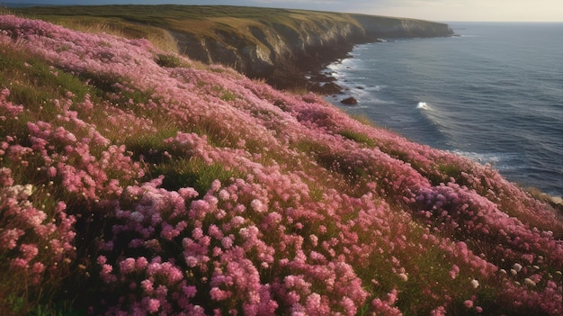 Kustlijn bedekt met roze bloemen door de zee Generaitve AI