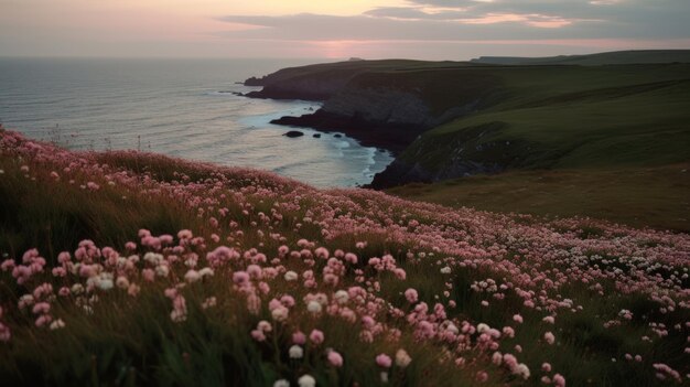 Kustlijn bedekt met roze bloemen door de zee Generaitve AI