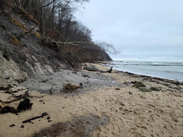 Foto kustlijn van een zandstrand bij eb grote stenen aan de kust tegen de golfbrekers