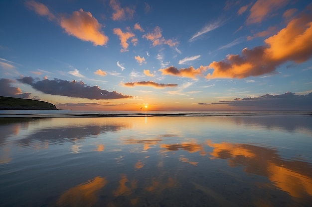 Kustwolken bij zonsondergang die zich reflecteren in de rustige zee, gesneden uit 2 frames