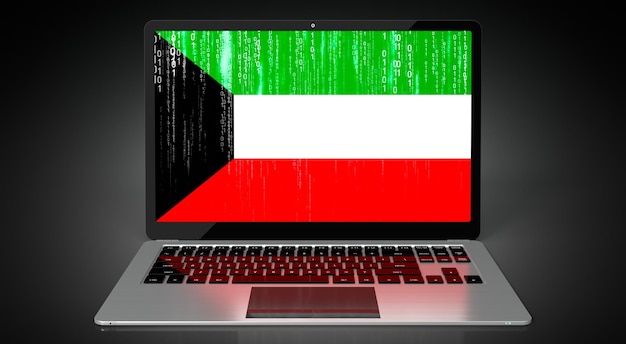 Foto bandiera del paese del kuwait e codice binario sull'illustrazione 3d dello schermo del laptop