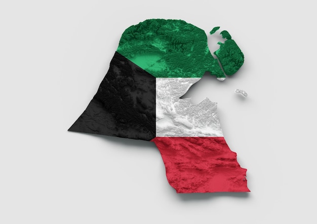 Карта Кувейта Флаг Затененный рельеф Цвет Карта высоты на белом фоне 3d иллюстрация