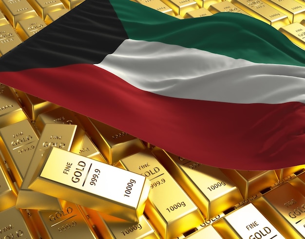 Национальный флаг Кувейта на золотых слитках