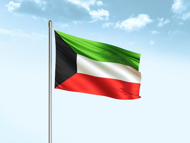 Kuwait national flag waving in blue sky with clouds Kuwait flag 3D illustration