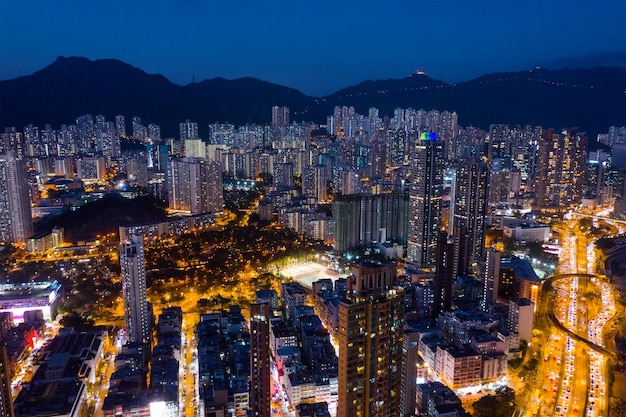 To kwa wan, hong kong, 29 january 2019: top view of hong kong downtown city at night