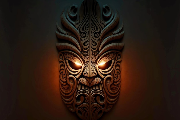 Foto kwaad houten tiki-masker met gloeiende ogen op donkere achtergrond