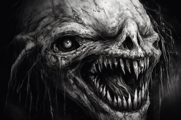 Foto kwaadaardig wezen tekent een eng gezicht monster schets tanden demonisch bloed genereer ai