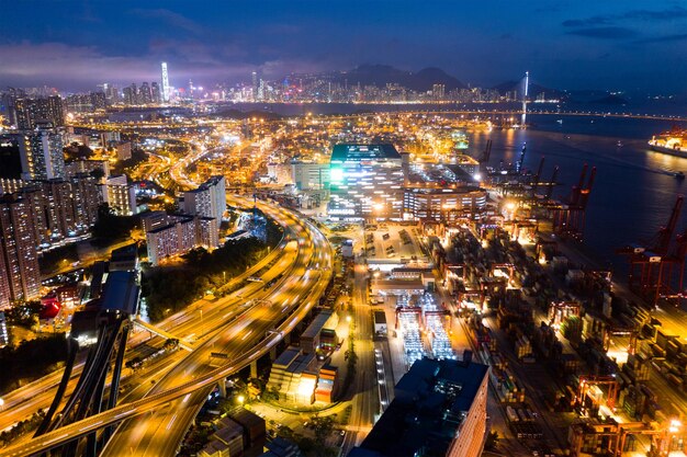 Kwai tsing, Hong Kong 14 February 2019: Cargo terminal in Hong Kong at night