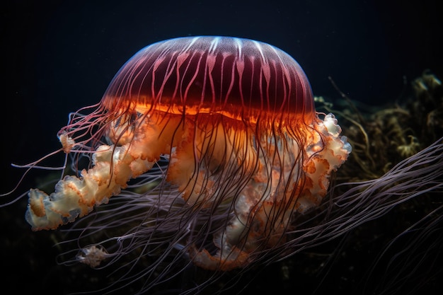 Kwallen zwemmen in de zee Prachtige verlichte kwal Generatieve AI