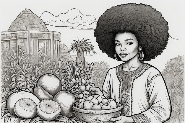 Kwanzaa afro holding fruits isolated coloring page