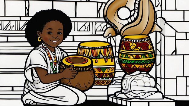 Foto pagina da colorare kwanzaa bambino che gioca al djembe