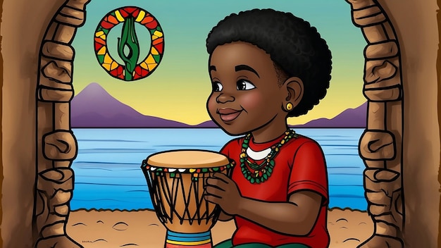 Foto kwanzaa kind dat djembe speelt kleurpagina