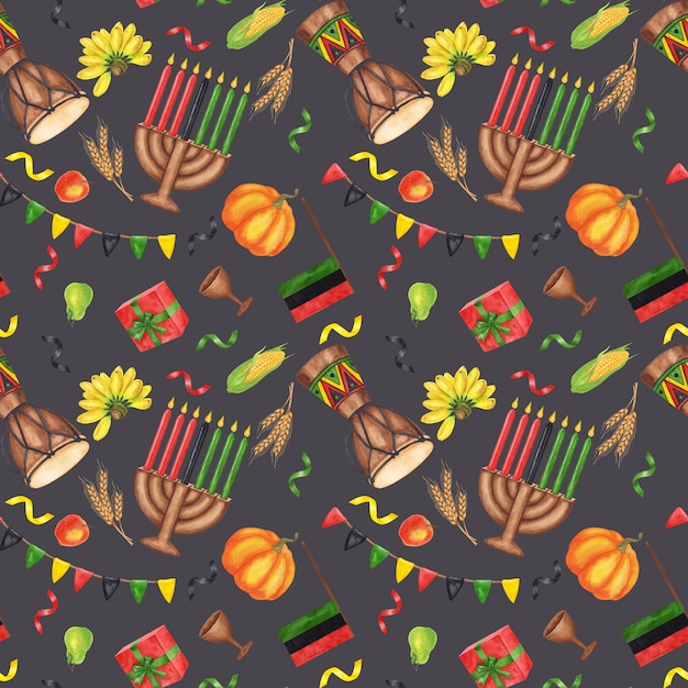 Foto kwanzaa modello senza cuciture vacanza afroamericana kinara sette candele ardenti rosso nero verde mappa bicchiere tamburo regalo raccolto verdure acquerello disegnato a mano illustrazione sfondo isolato