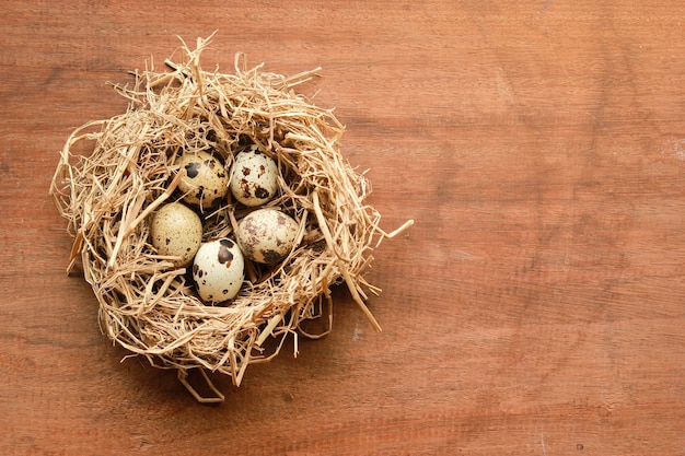 Kwarteleitjes in een nest op een rustieke houten achtergrond. Gezond eten.