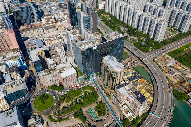 Kwun Tong, Hong Kong 06 September 2019: Aerial view of Hong Kong city