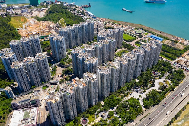 Kwun Tong, Hong Kong 06 september 2019: Bovenaanzicht van het stadsbeeld van Hong Kong