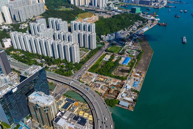 Kwun Tong, Hong Kong 06 September 2019: Drone fly over Hong Kong city