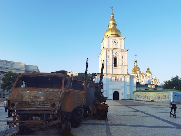 Kyiv Ukraine August 25 2022 destroyed russian armored vehicles