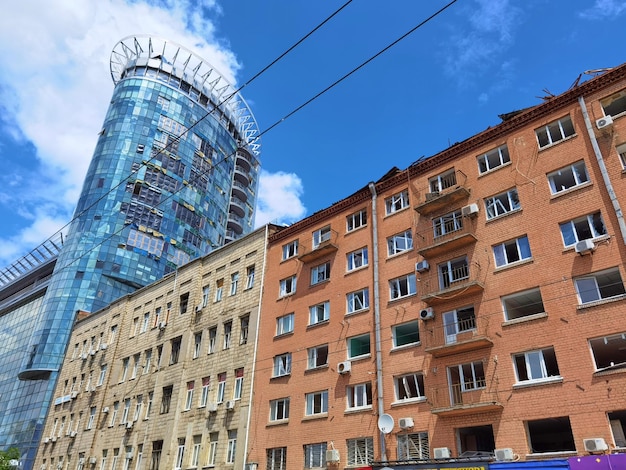 Kyiv Ukraine July 10 2022 The building renovation after Russian rocket attack on Kyiv