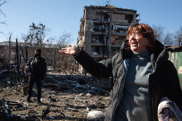 KYIV UKRAINE Mar 18 2022 War in Ukraine Damaged residential buildings in the aftermath of a shelling in Podilskyi district of Kyiv At least one person was reportedly killed and 19 were injured