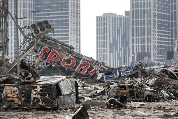 KYIV UKRAINE Mar 29 2022 War in Ukraine Shopping center that was damaged by shelling on 21 March by a Russian attack in Kyiv where according to emergency service at least six people died