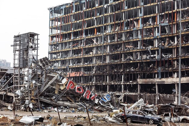 KYIV UKRAINE Mar 29 2022 War in Ukraine Shopping center that was damaged by shelling on 21 March by a Russian attack in Kyiv where according to emergency service at least six people died